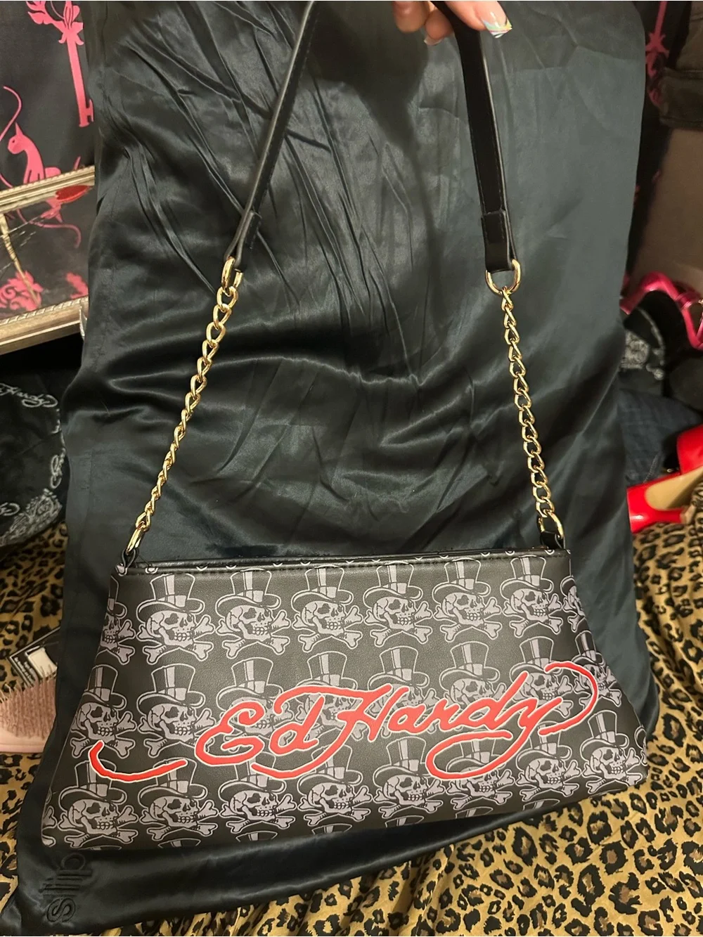 Ed Hardy Black Satchel with Multicolor Tiger and Yellow Pegasus / brand new